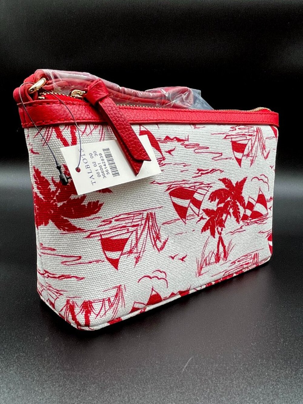 NWT Talbots Sailboat Palm Tree Canvas Crossbody Clutch Bag Red White Vacation